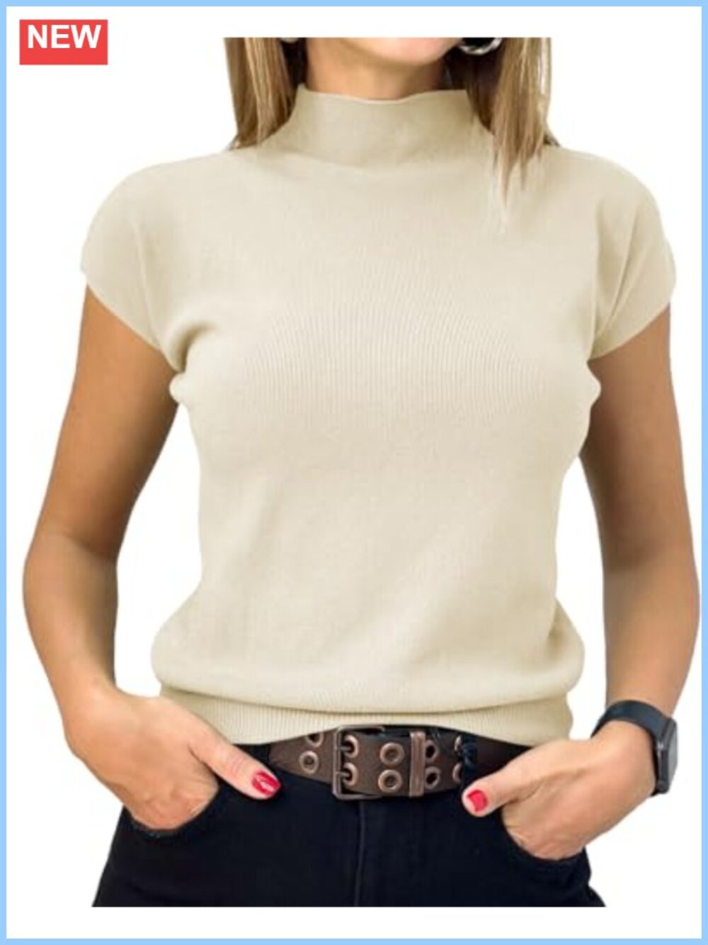 Womens Short Sleeve Mock Neck Ribbed Knit Pullover Sweater